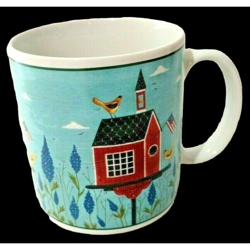 Vtg Y2K Warren Kimble Birdhouse Mug Americana Folk Art Patriotic Schoolhouse Cup